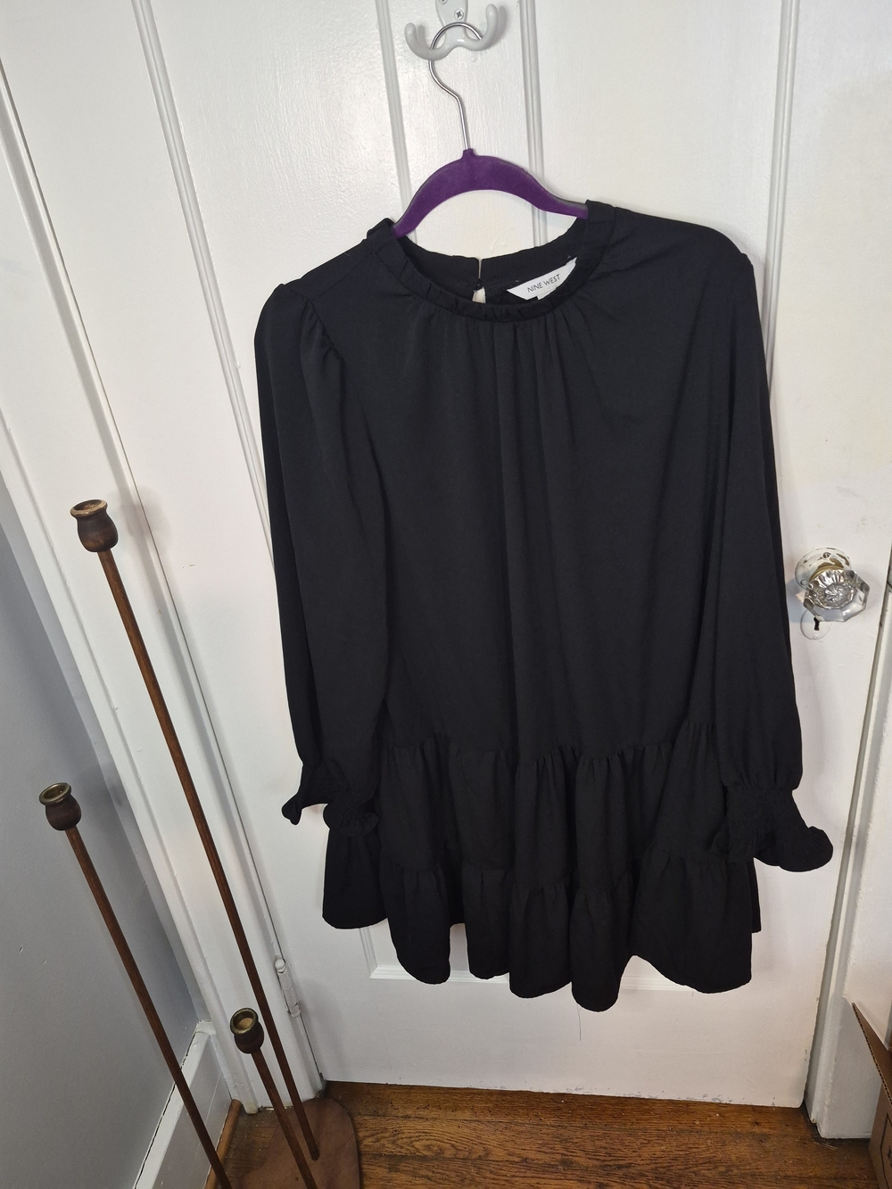 Nine West Black Ruffle-Tiered Long Sleeve Mini Dress